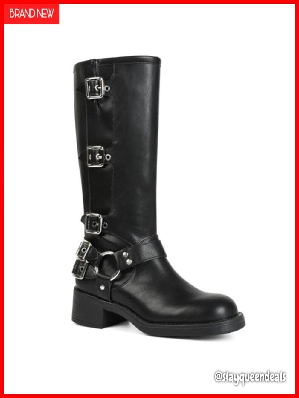 Faux Leather Knee High Moto Boots with Buckle & Chunky Block Heel